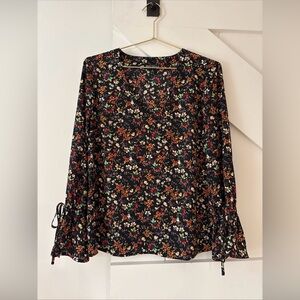 J. Crew Mercantile Black Floral Blouse Bow Cuffs Bell Long Sleeve Shirt Size 4